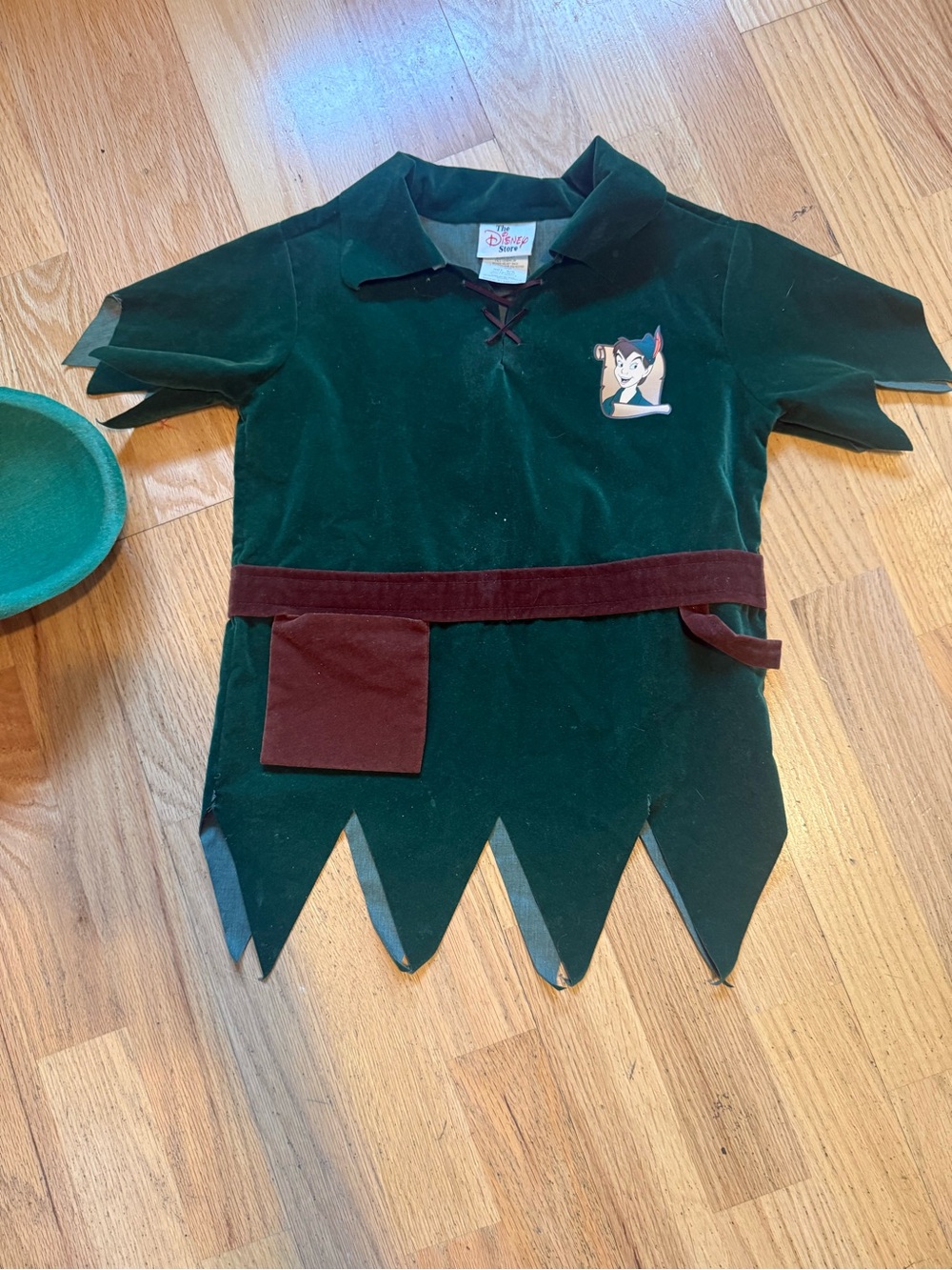Disney Green Peter Pan Costume with Brown Belt and Feathered Hat - Picture 13 of 13
